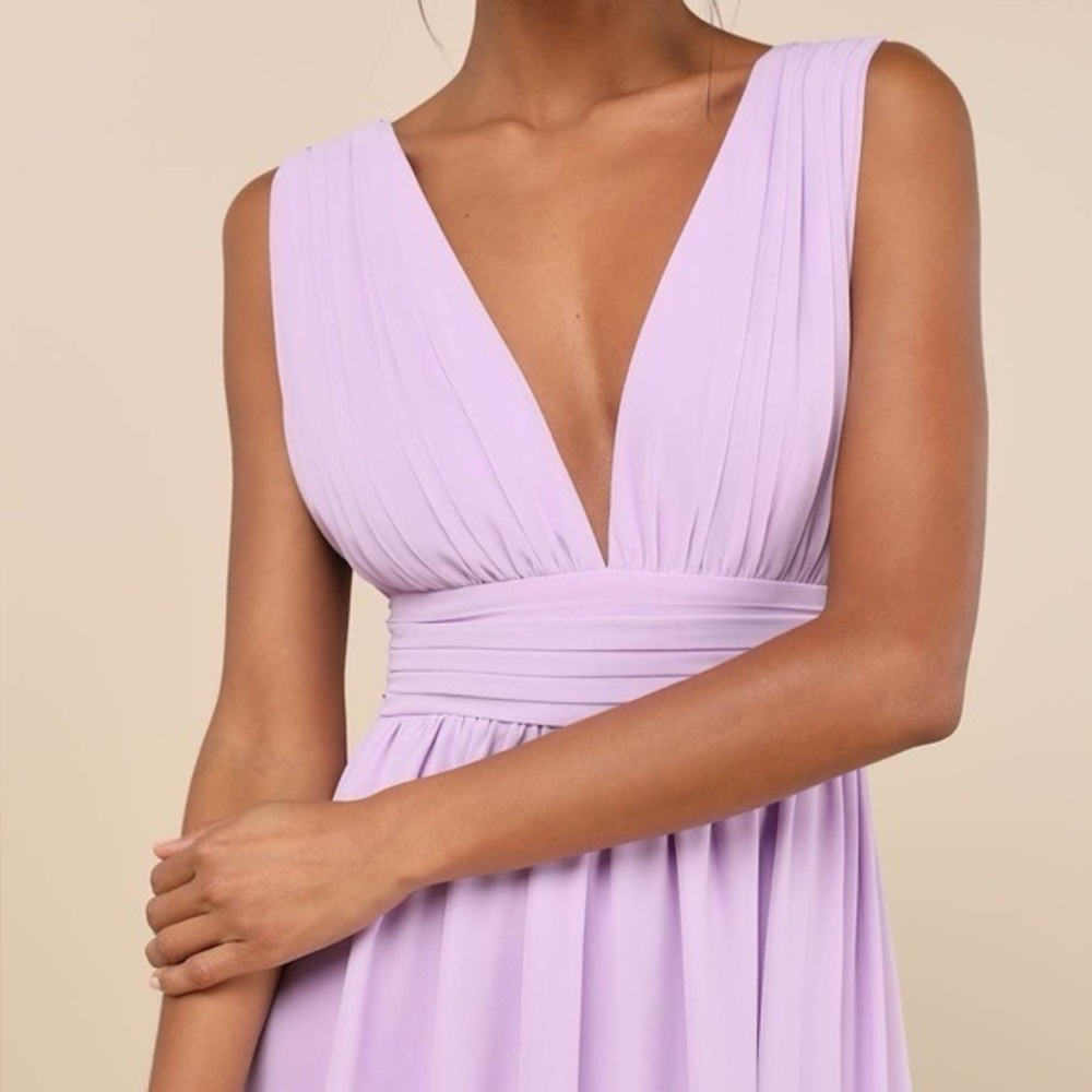 NEW Lulus Heavenly Hues Lavender Chiffon Plunge Maxi Dress Sleeveless Slit LARGE - Picture 2 of 13